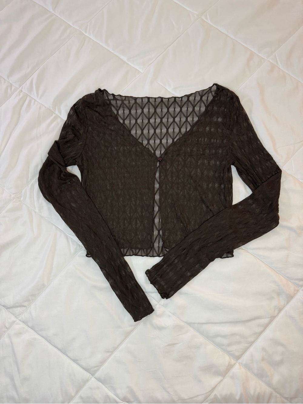 Brown Sheer Diamond Pattern Long-Sleeve One Button Top Cardigan